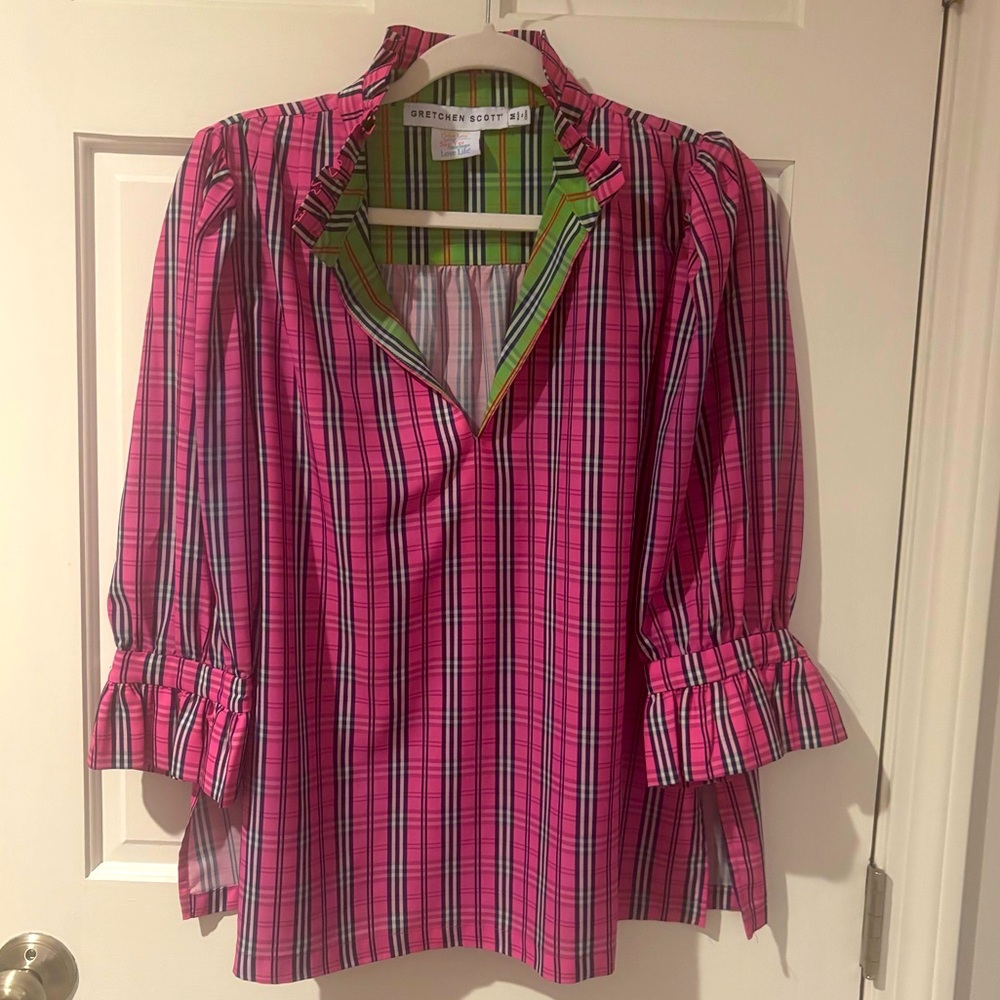 Gretchen Scott Pink Plaid Blouse size M Like New